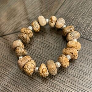 Picture Jasper & Fresh Water Pearl Stretch Stone Bracelet